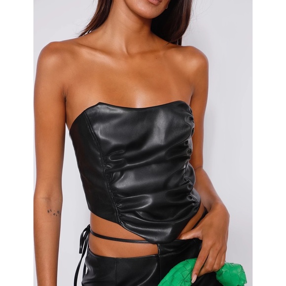 tigermist- cici black leather strapless pu cropped corset top nwt - Picture 2 of 5
